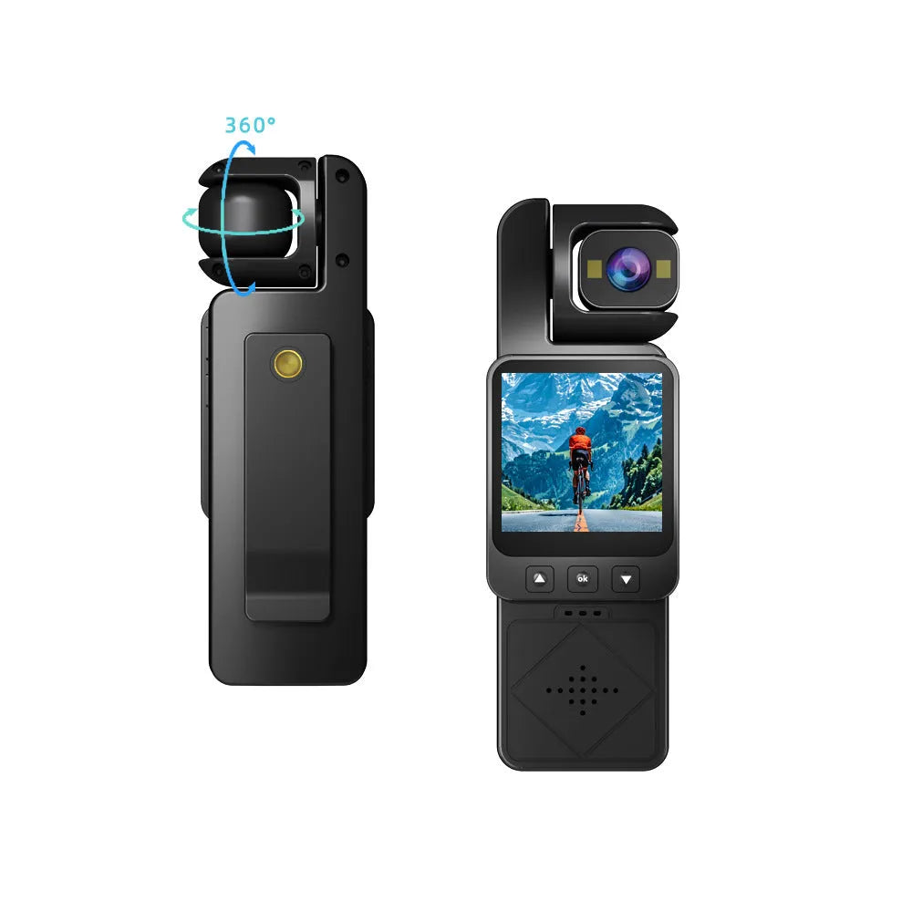 Handheld portable camera in black or silver, 3.7 cm wide, 2.4 cm deep, 11 cm tall, ABS plastic body, for sports and outdoor use