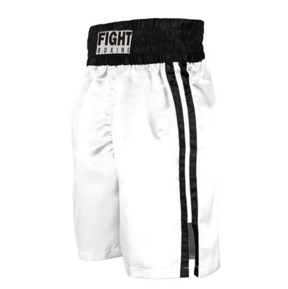 Men's boxing shorts in black and white with side stripe, laid flat showing design.