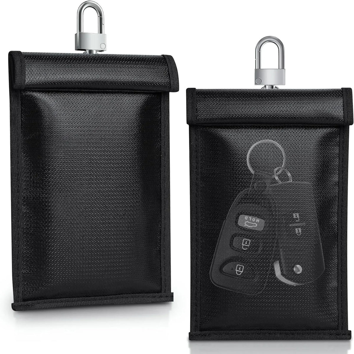 Solid colour sewn car key pouch in fireproof glass fibre fabric with RFID blocking and flame retardant properties.