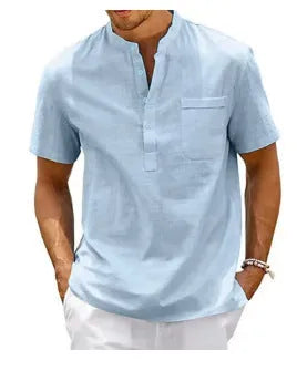 Men's solid colour short sleeve polo shirt with stand collar and loose fit, bird eye cloth, summer top.