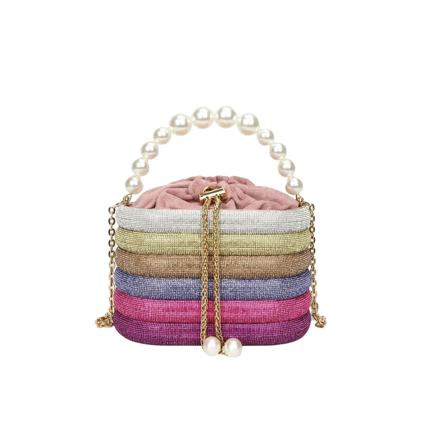 Women's one-shoulder crossbody bag with pearl beading, round shape, and internal zipper pocket in black colour