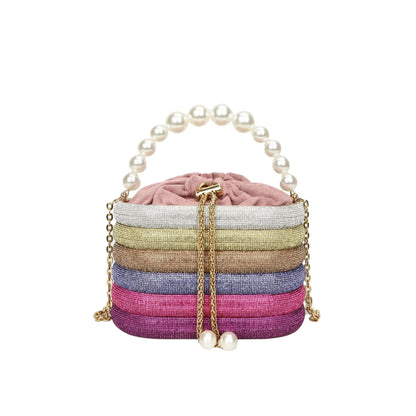 Women's one-shoulder crossbody bag with pearl beading, round shape, and internal zipper pocket in black colour