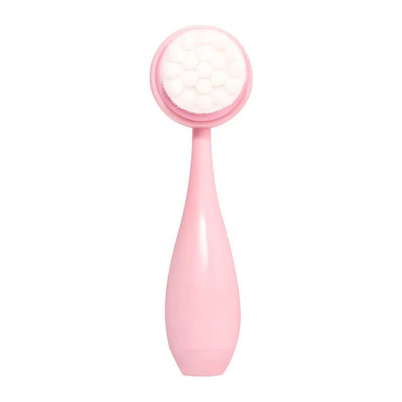 Facial brush set with coral fleece hair band and four nylon-bristle brushes in purple, grey, white, or pink colours