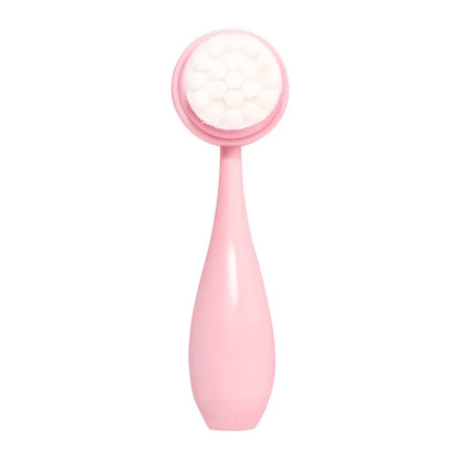 Facial brush set with coral fleece hair band and four nylon-bristle brushes in purple, grey, white, or pink colours