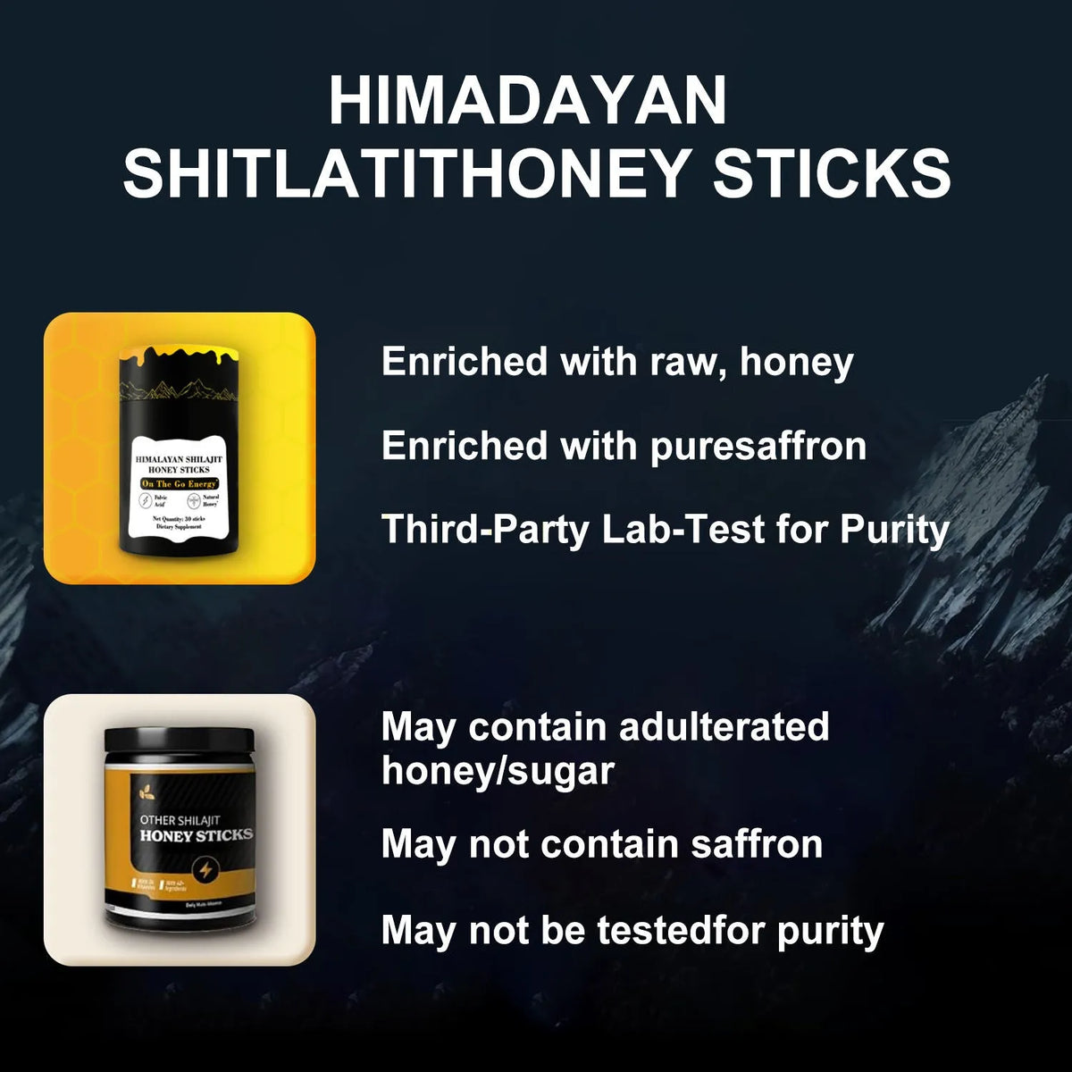 Box of 30 Himalayan Shilajit honey sticks, each 8g with Shilajit resin 400mg and saffron 2mg