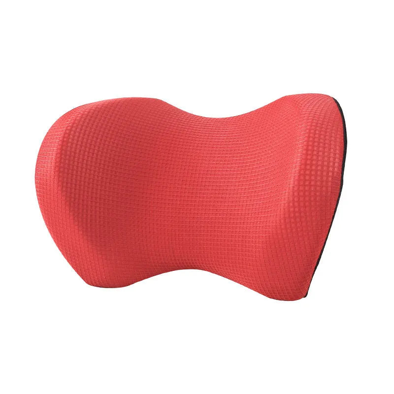 Car headrest pillow in ice silk and memory foam, 20x30x14cm, shown in black, beige, grey, blue, and red
