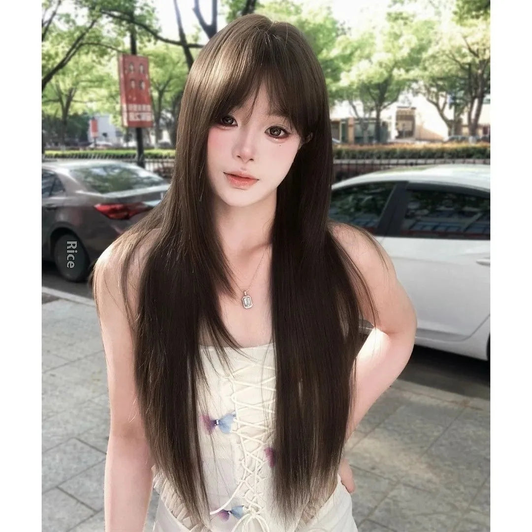 Black-brown high-temperature fibre women's wig with wig stand and styling accessories