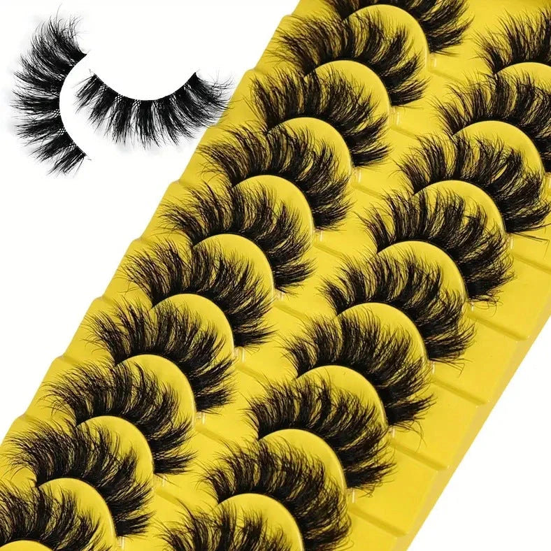10 pairs of 3D multi-layer false eyelashes showing five different style options with black and transparent stems