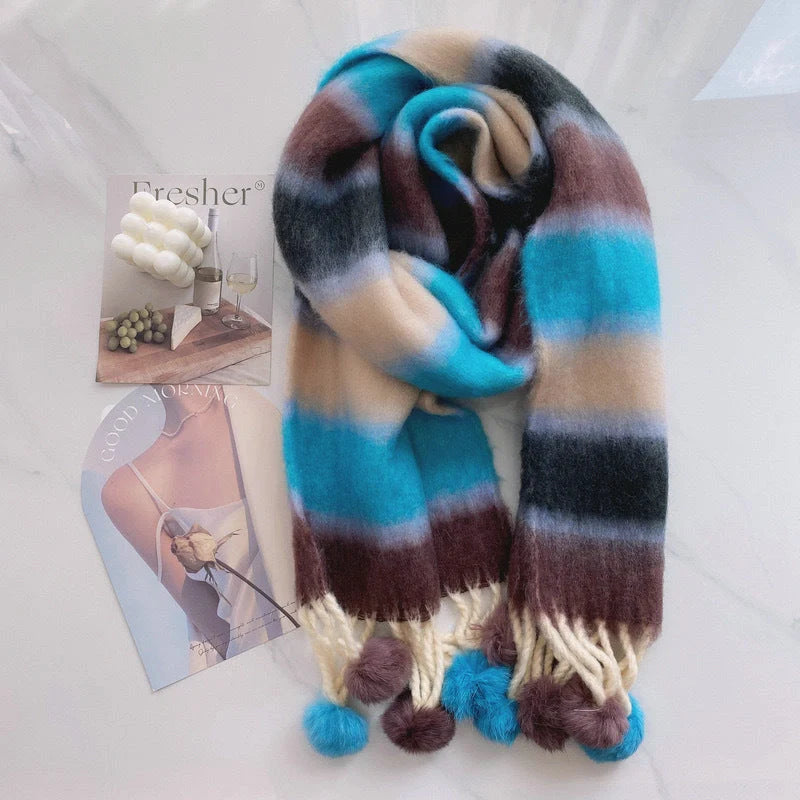 Vibrant Rainbow Mohair Tassel Scarf in various colors, perfect for winter fashion