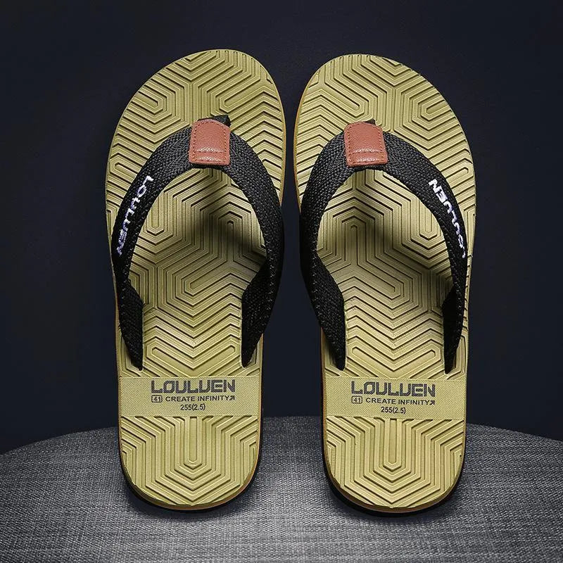 Men's black flip flops with a PVC sole and EVA upper on a plain background.