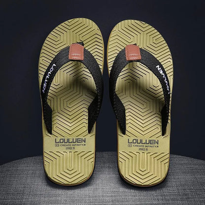 Men's black flip flops with a PVC sole and EVA upper on a plain background.