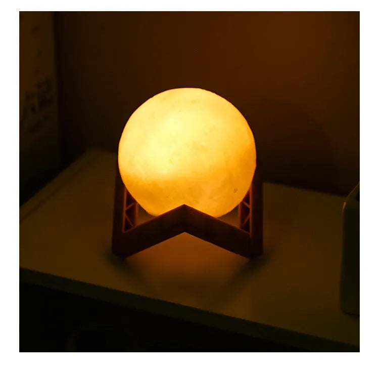 3D printed PVC moon lamp LED night light with warm white glow on stand
