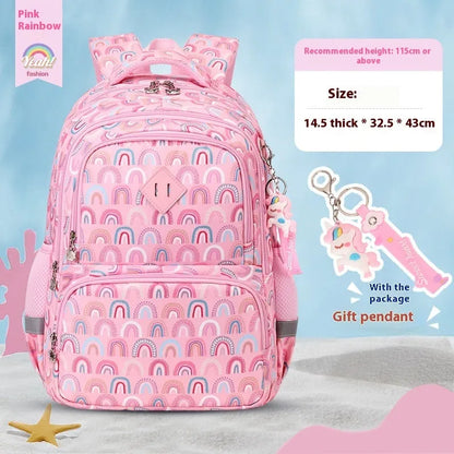 Blue children's school backpack with dinosaur pattern, showing curved shoulder straps and front pocket.