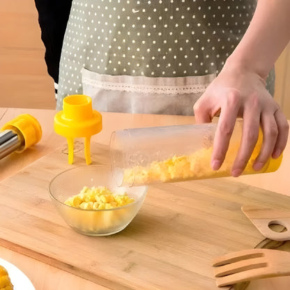 Yellow cylindrical corn stripper kitchen tool with ABS plastic and stainless steel construction