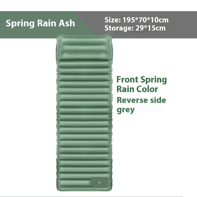 Single inflatable camping mattress in grey, shown at 195 cm length and 10 cm thickness.
