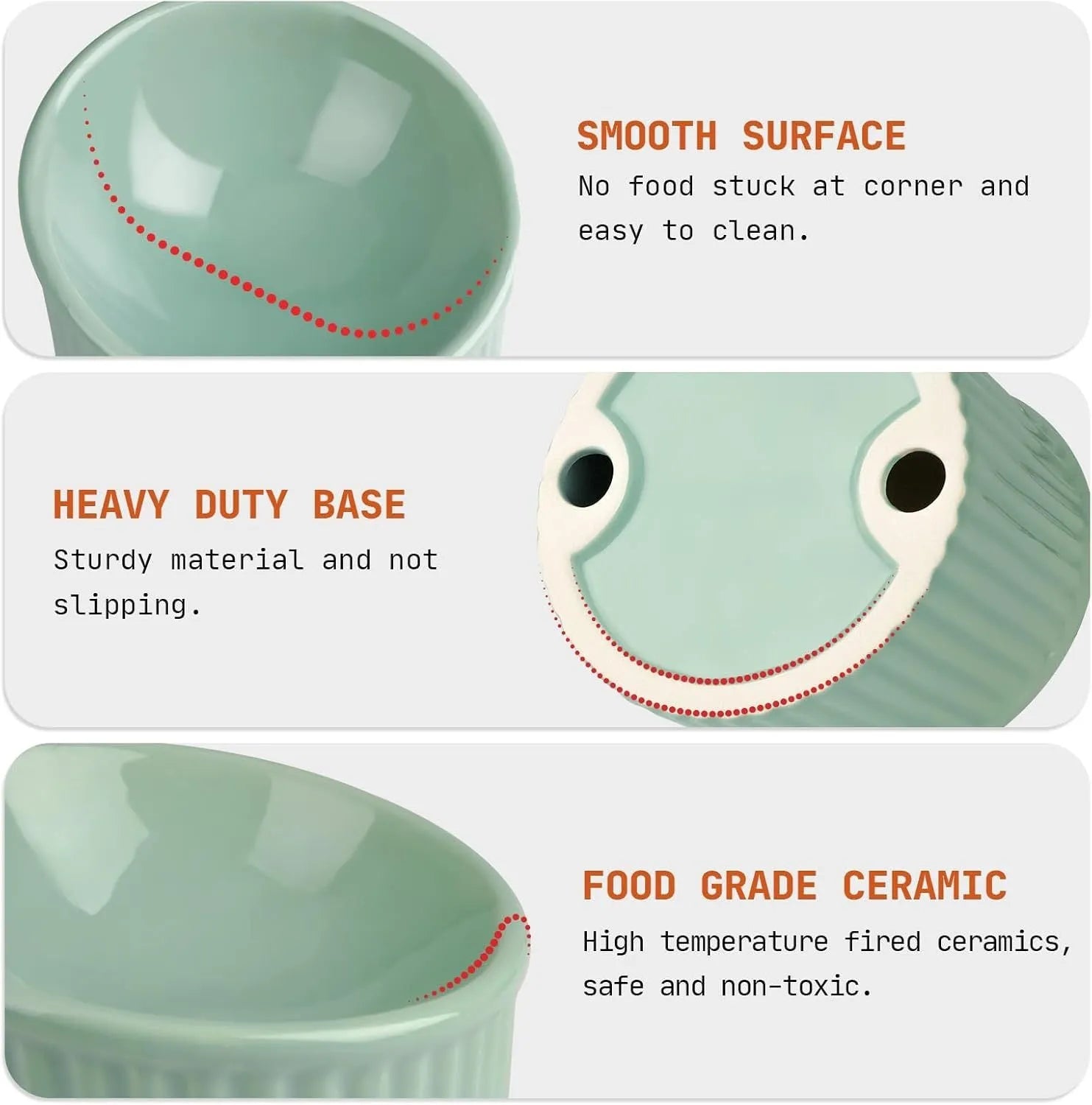 Ceramic elevated cat bowl in green colour showing tilted, round whisker-friendly design.