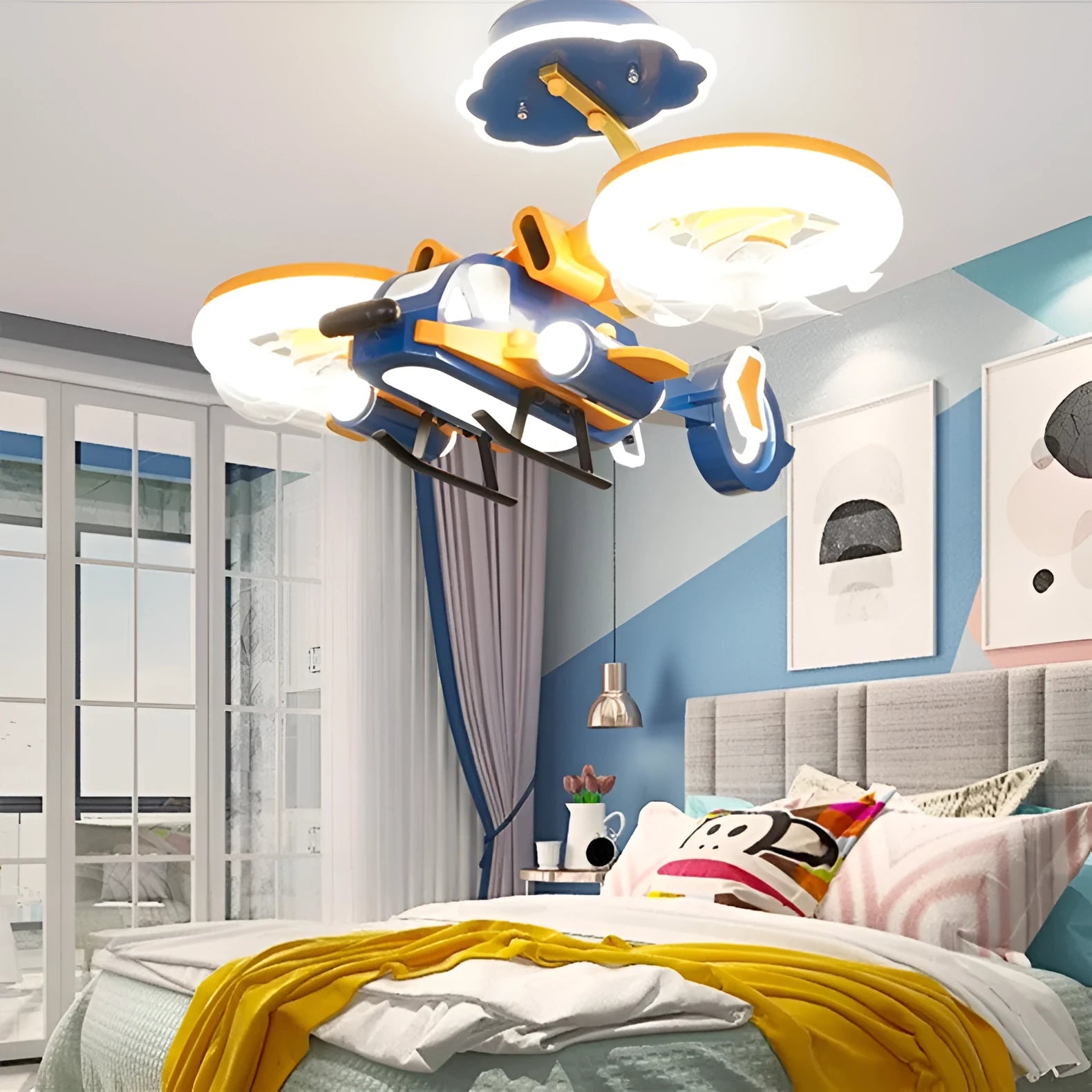 Modern ceiling fan light with fixed metal blades and acrylic lighting shade