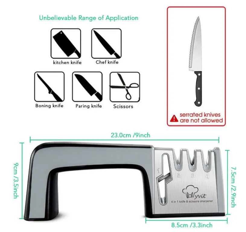 Four-in-one kitchen knife sharpener with 304 stainless steel body and ABS/TPR handle in black colour