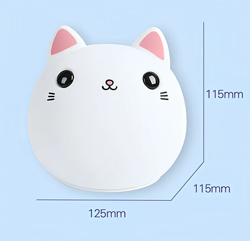 White silicone cat LED lamp with warm glow, measuring 12.5cm tall with USB charging port