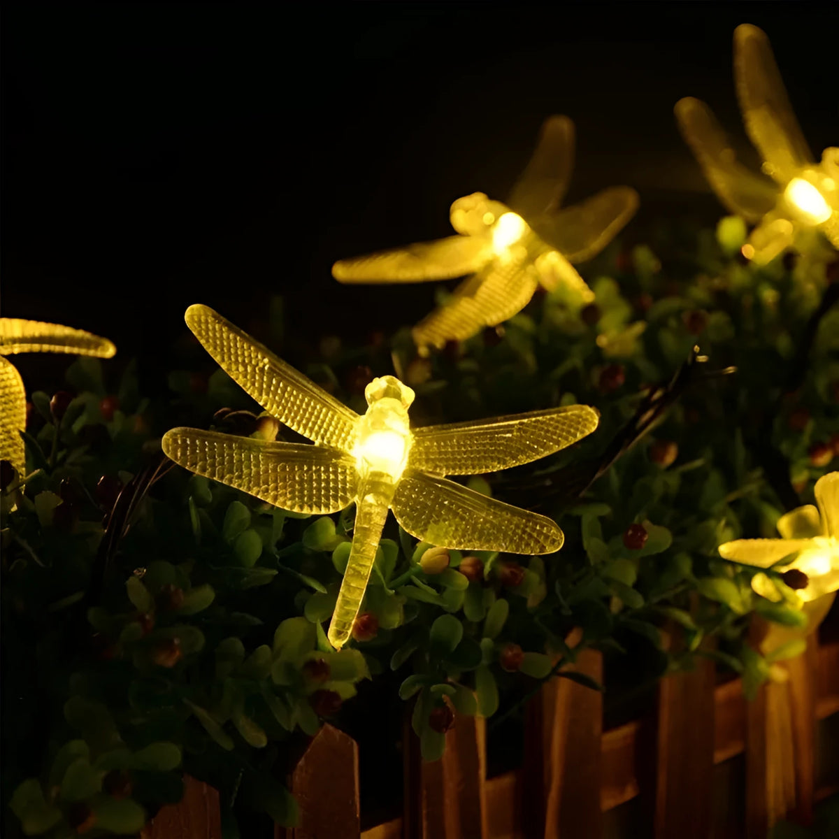20 warm white LED dragonfly solar string lights with solar panel on garden spike