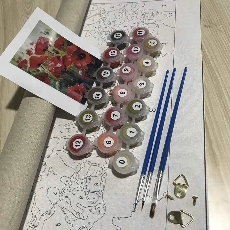 DIY digital painting kit showing 40x50cm canvas with body painting artwork, three brushes, and wall hooks