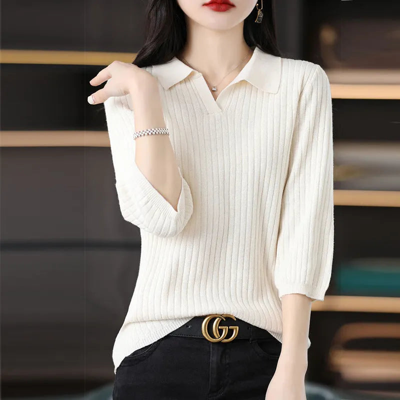 Women's loose slimming inner sweater with stripe pattern, long sleeves and pullover style, sizes S-2XL