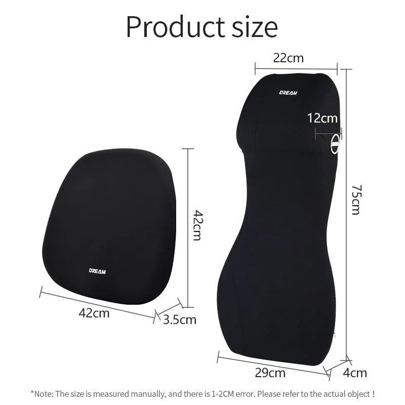 Black memory foam automotive waist cushion and matching headrest pillow set on a car seat.
