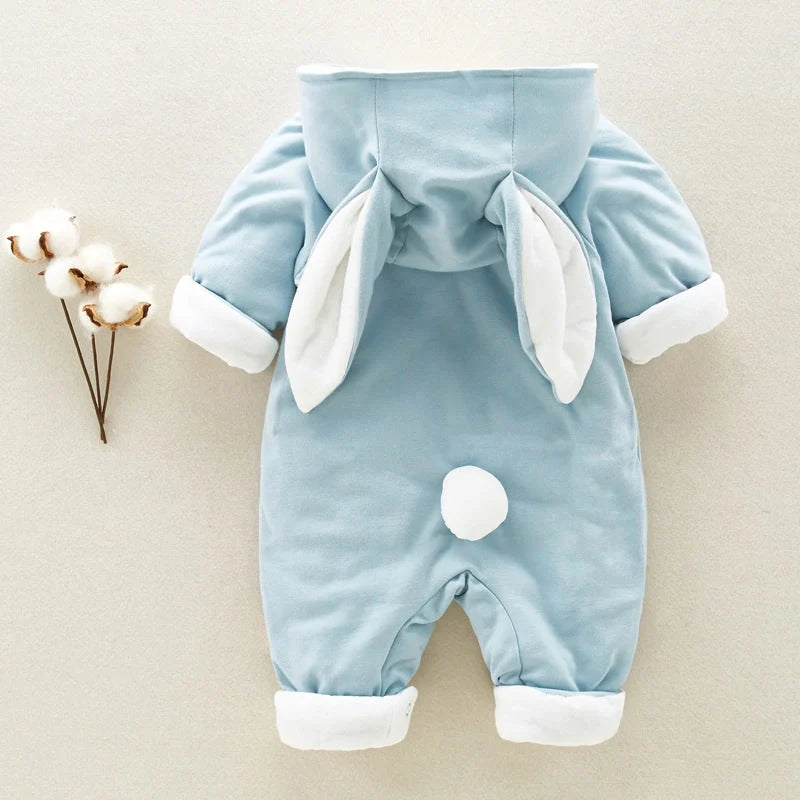 Cosy cotton hooded baby romper with charming cartoon design, perfect for keeping your little one warm and comfortable