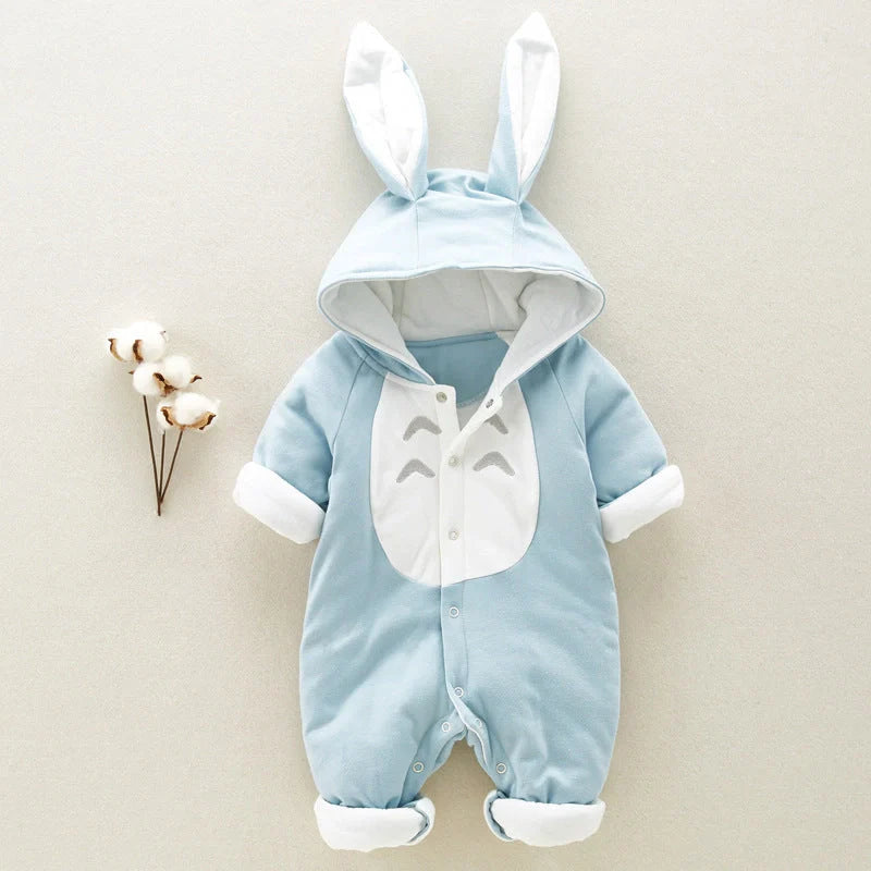 Cosy cotton hooded baby romper with charming cartoon design, perfect for keeping your little one warm and comfortable
