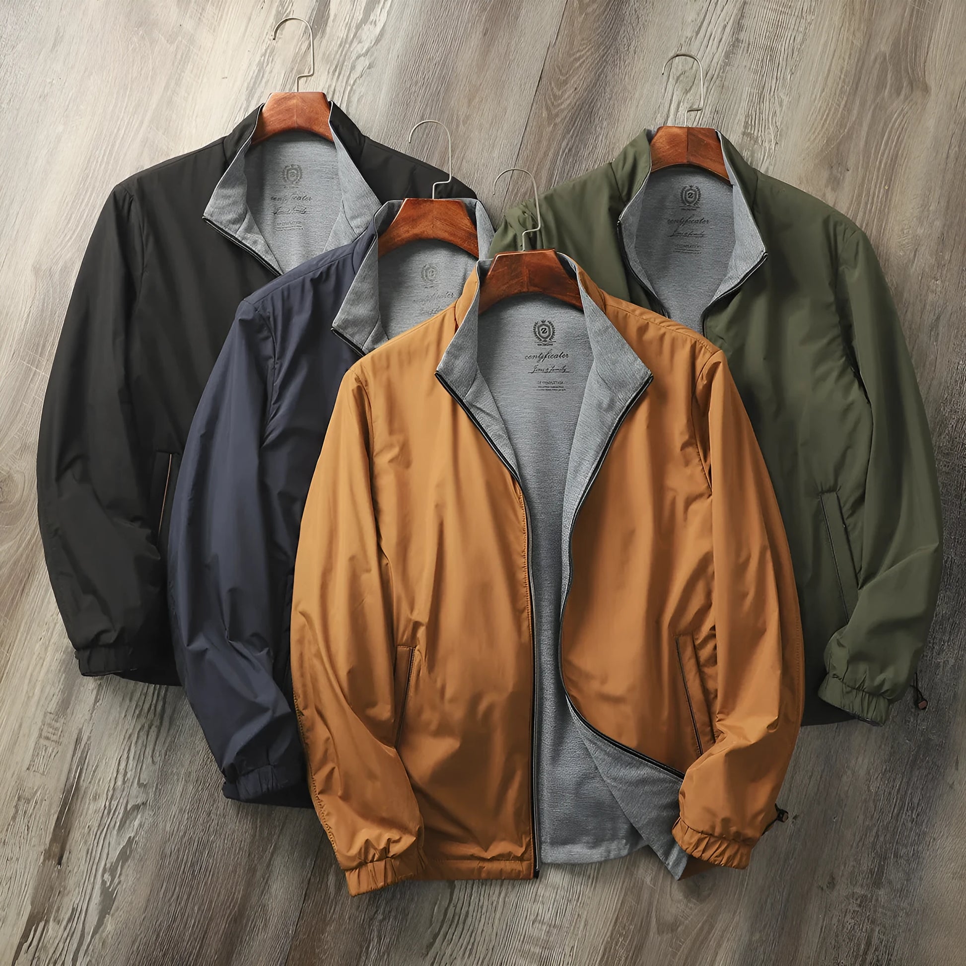 Men's stand collar casual jacket in polyester fibre with cotton lining, shown in available colours