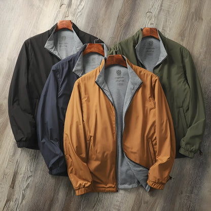 Men's stand collar casual jacket in polyester fibre with cotton lining, shown in available colours