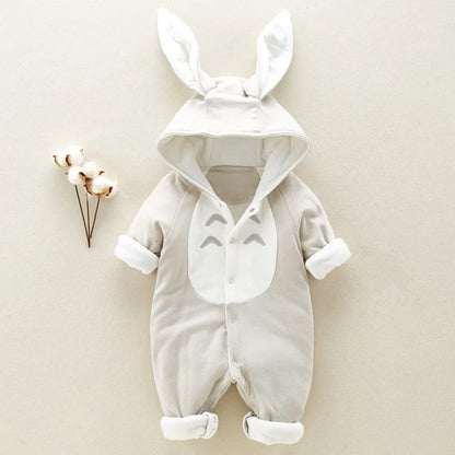 Cosy cotton hooded baby romper with charming cartoon design, perfect for keeping your little one warm and comfortable