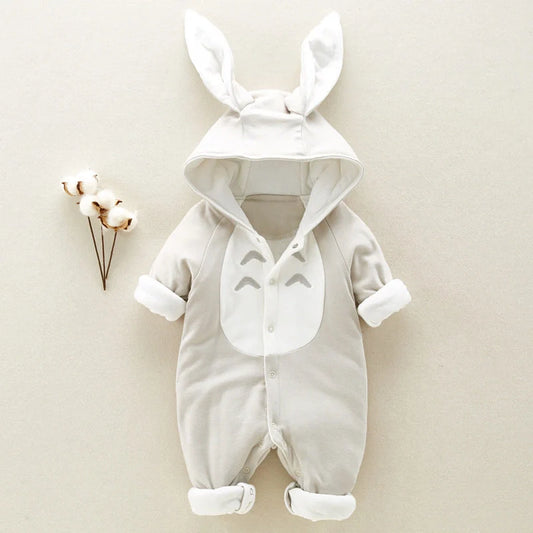Cosy cotton hooded baby romper with charming cartoon design, perfect for keeping your little one warm and comfortable