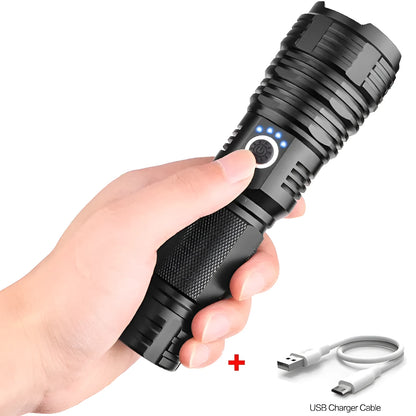 P70 outdoor flashlight with XHP70 LED, micro USB charging, telescopic zoom, and aluminium alloy body