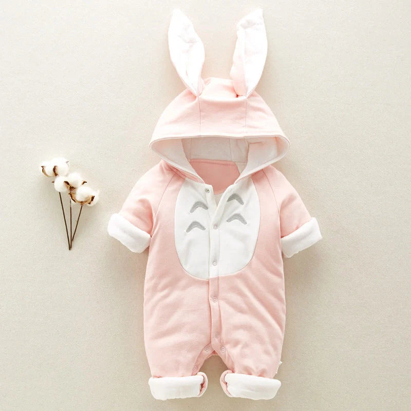 Cosy cotton hooded baby romper with charming cartoon design, perfect for keeping your little one warm and comfortable