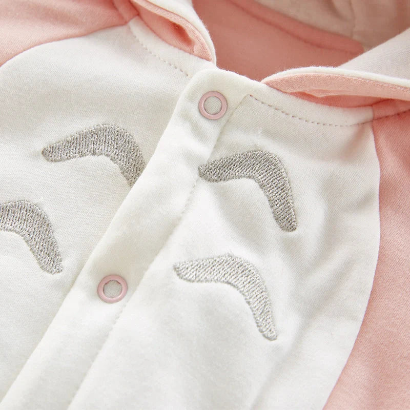 Cosy cotton hooded baby romper with charming cartoon design, perfect for keeping your little one warm and comfortable