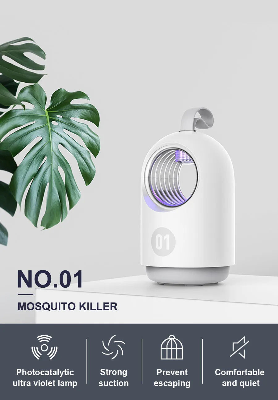 White or blue indoor mosquito killer lamp with UV light, a fan, and a silicone carry handle.