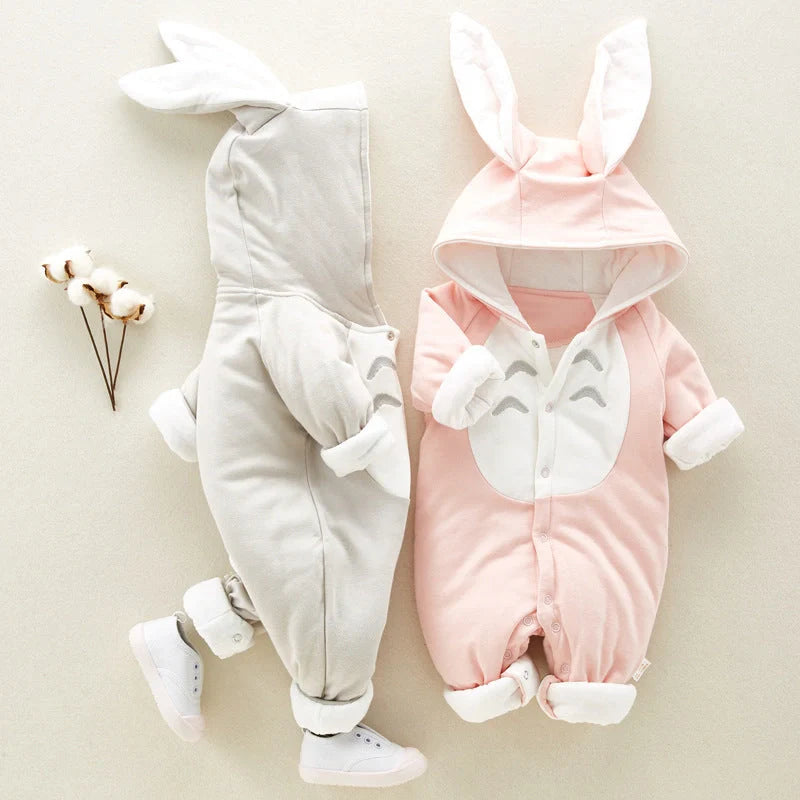 Cosy cotton hooded baby romper with charming cartoon design, perfect for keeping your little one warm and comfortable