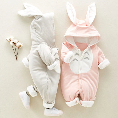 Cosy cotton hooded baby romper with charming cartoon design, perfect for keeping your little one warm and comfortable