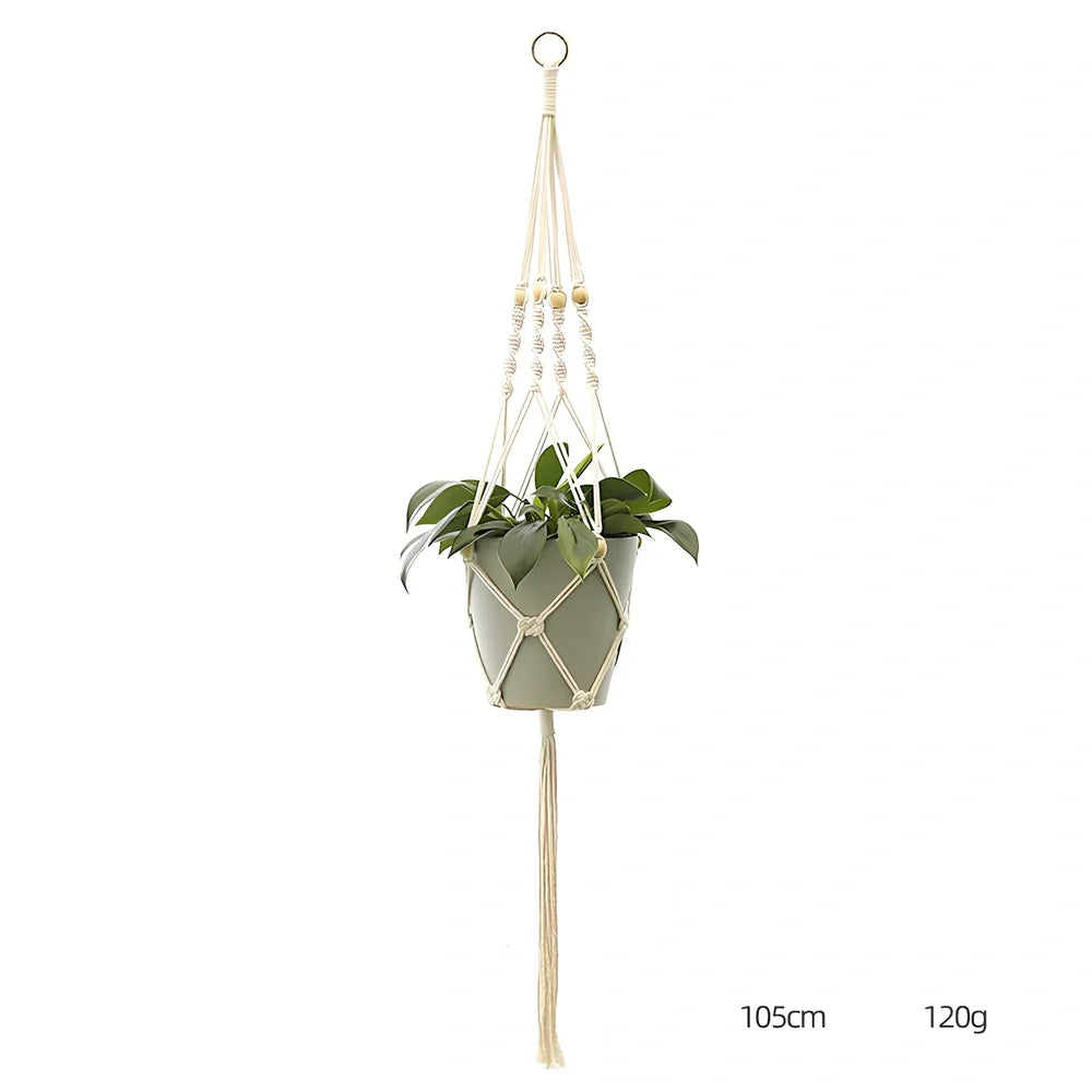 Hand-knitted cotton flowerpot net bag showing intricate pattern and hanging installation with plant