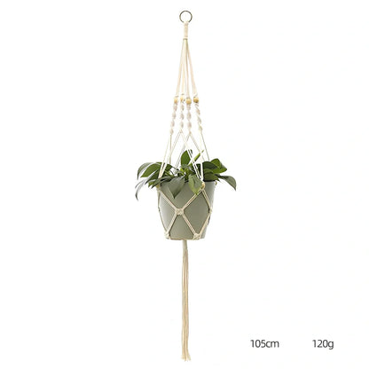 Hand-knitted cotton flowerpot net bag showing intricate pattern and hanging installation with plant