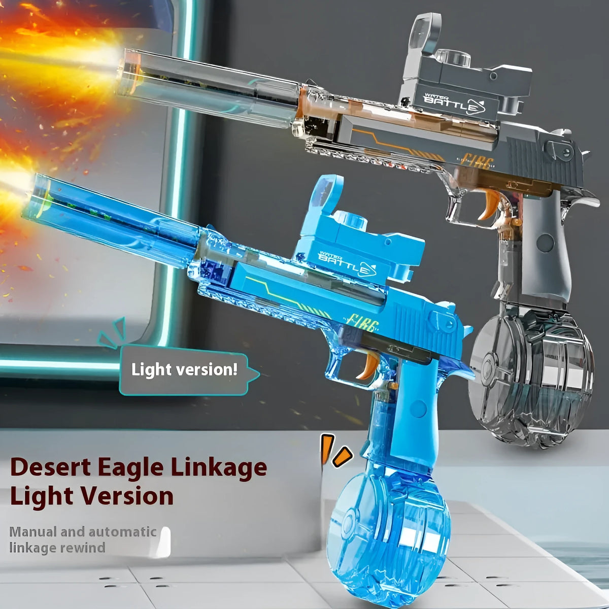Automatic electric water gun toy with Desert Eagle linkage design, ammunition drum, silencer, and telescopic sight, 41.1cm long