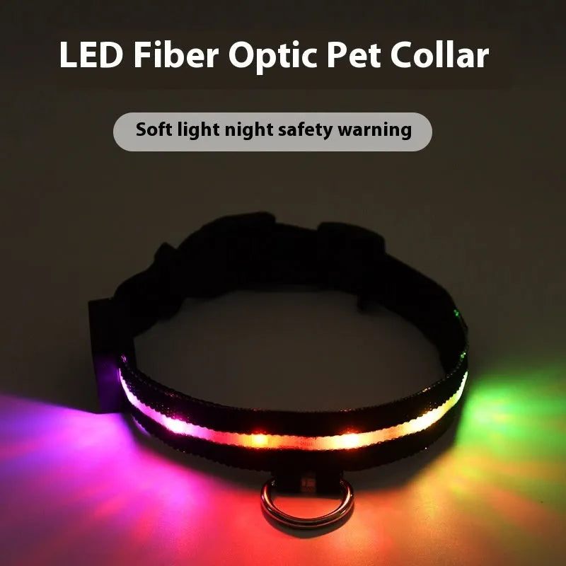 LED luminous dog walking collar and rope set for night safety, rechargeable monochrome light collar in cartoon style, available in black colour with sizes S, M, L and a 2.5 x 120 cm hand rope