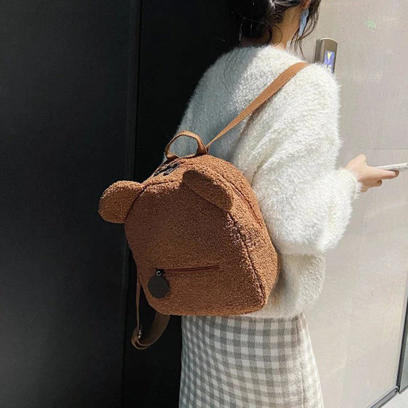 Adorable bear-shaped backpack made of soft, fleece material for kids and women's travel and everyday use
