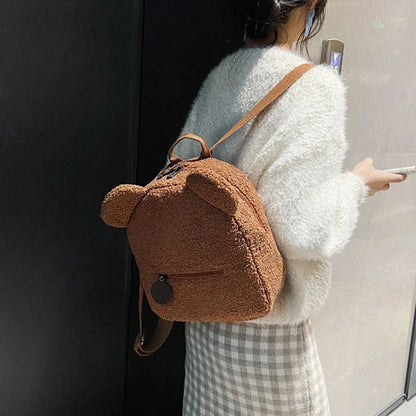 Adorable bear-shaped backpack made of soft, fleece material for kids and women's travel and everyday use