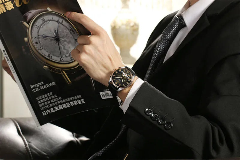 Automatic Hollow Tourbillon Mechanical Watch for Men, Alloy Round Case, 42mm Dial, Leather Strap, 3Bar Water Resistant, Complete Calendar, Black or Brown, Sports Army Military Style