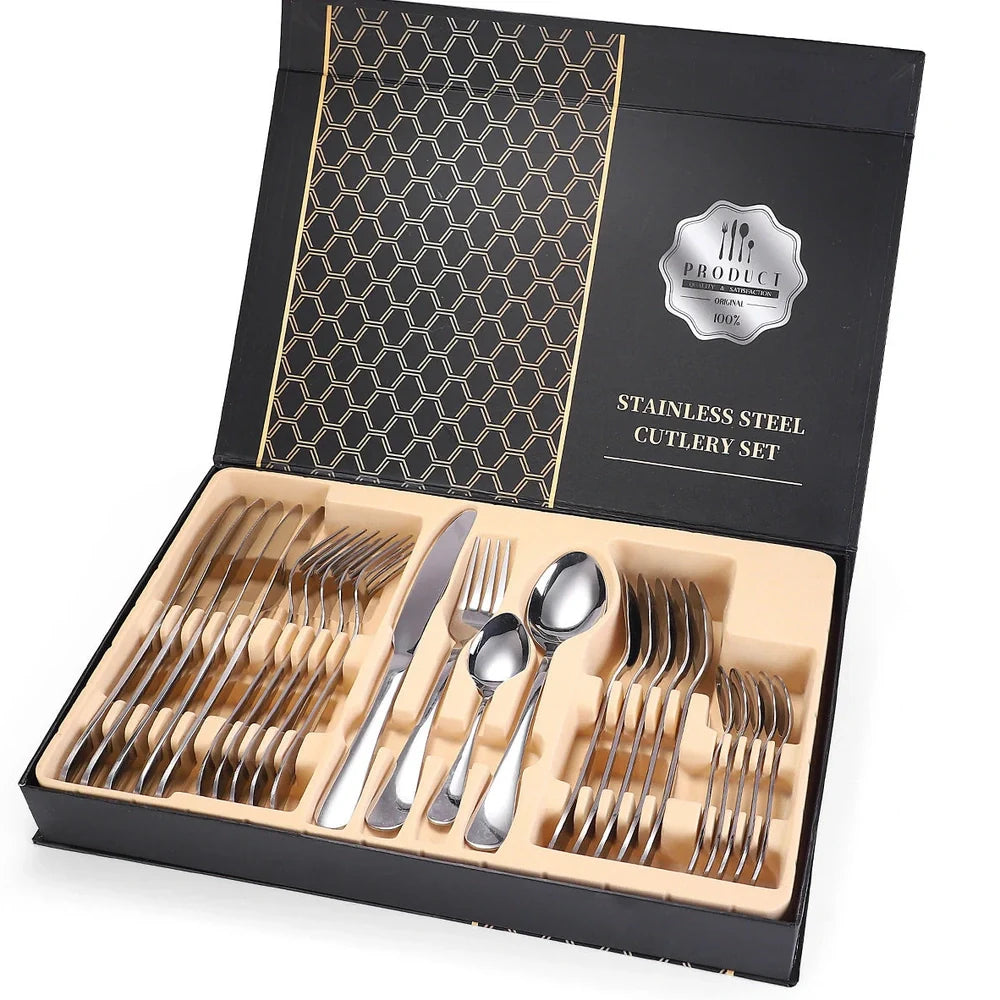 24-piece 18/10 stainless steel cutlery set in silver finish with knives, forks, spoons for six, optional wood box storage