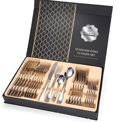 24-piece 18/10 stainless steel cutlery set in silver finish with knives, forks, spoons for six, optional wood box storage