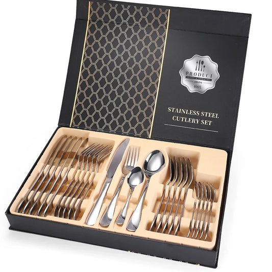 24-piece 18/10 stainless steel cutlery set in silver finish with knives, forks, spoons for six, optional wood box storage