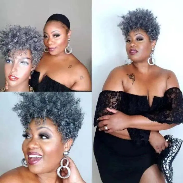 Women's short synthetic wig in simple rolls exotic style, shown in black, brown, gold, and grey colour options.